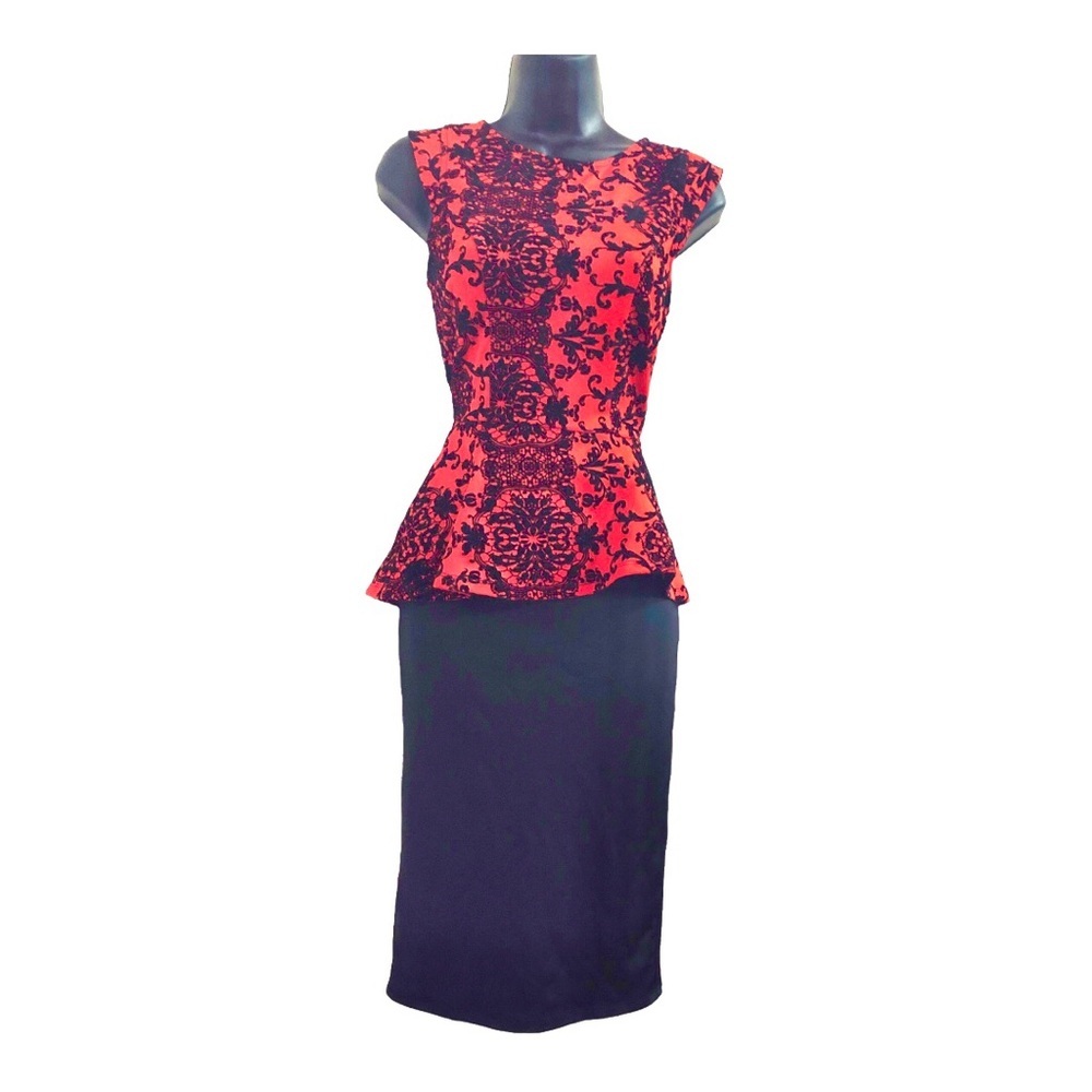 Red black floral embroidered lace back peplum fitted dress size small brand new - Picture 7 of 16